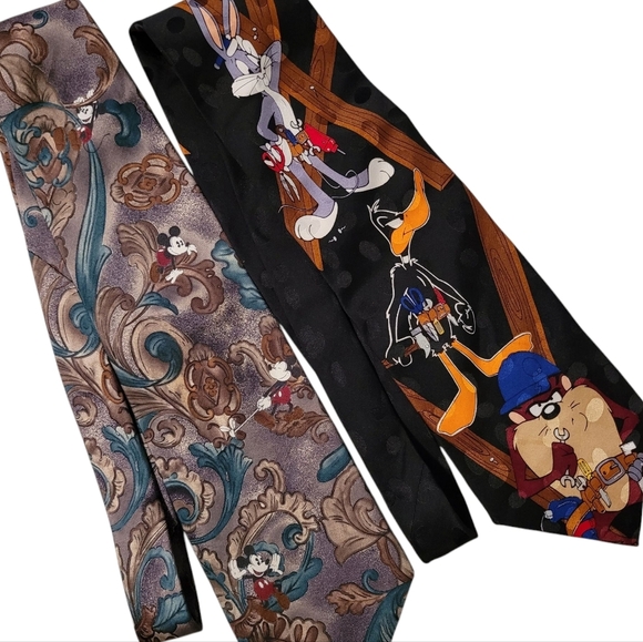 Disney Mickey Mouse & Looney Tunes Bugs Bunny SILK Novelty Neckties Set Casual - Picture 1 of 10